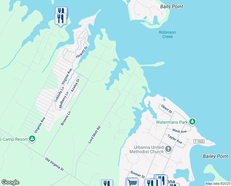 map of restaurants, bars, coffee shops, grocery stores, and more near in Urbanna