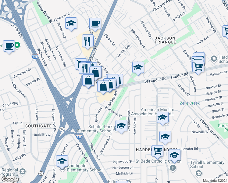 map of restaurants, bars, coffee shops, grocery stores, and more near 404 West Harder Road in Hayward