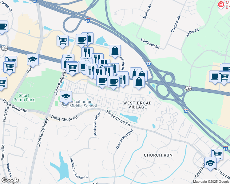 map of restaurants, bars, coffee shops, grocery stores, and more near 2225 Old Brick Road in Glen Allen