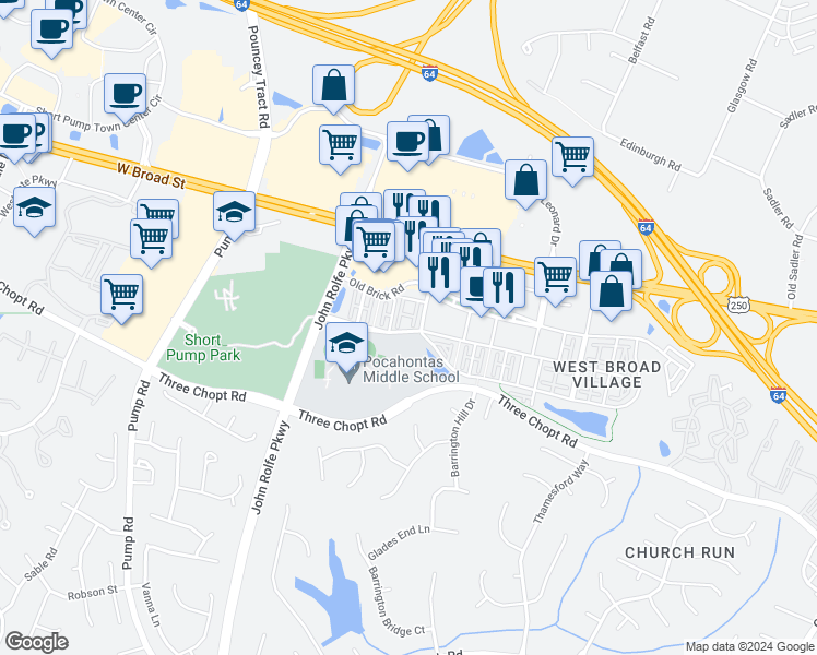 map of restaurants, bars, coffee shops, grocery stores, and more near 2510 Liesfeld Parkway in Glen Allen