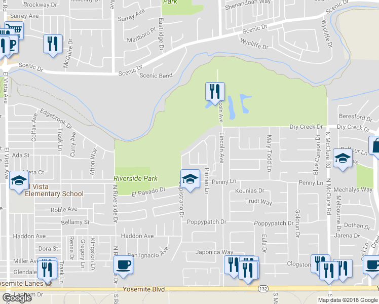 map of restaurants, bars, coffee shops, grocery stores, and more near 599 Navarre Place in Modesto