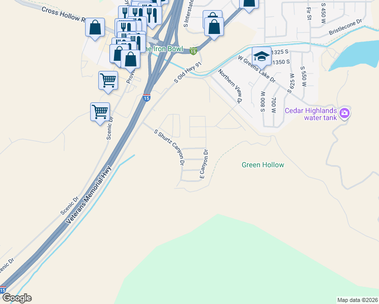 map of restaurants, bars, coffee shops, grocery stores, and more near 1389 West 1650 South in Cedar City