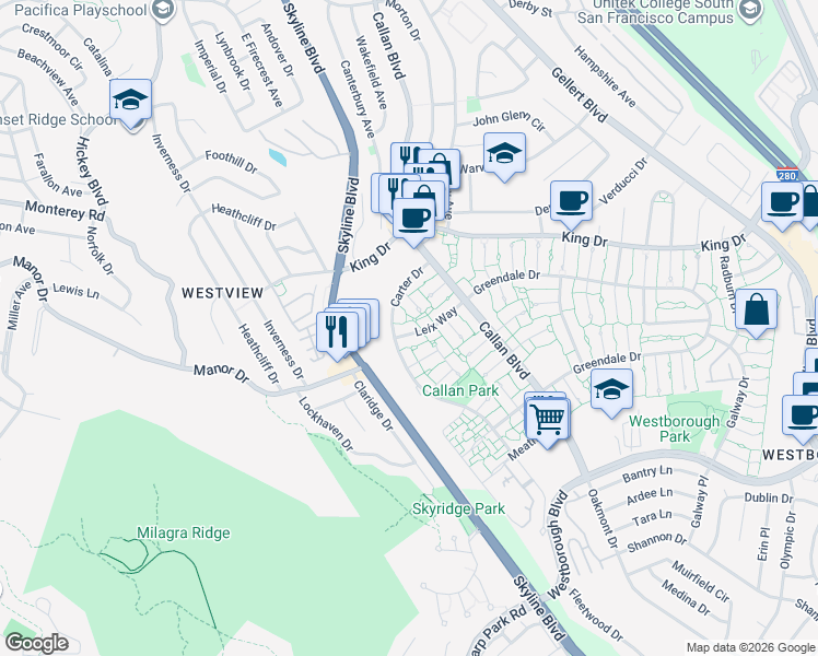 map of restaurants, bars, coffee shops, grocery stores, and more near 2683 Leix Way in South San Francisco