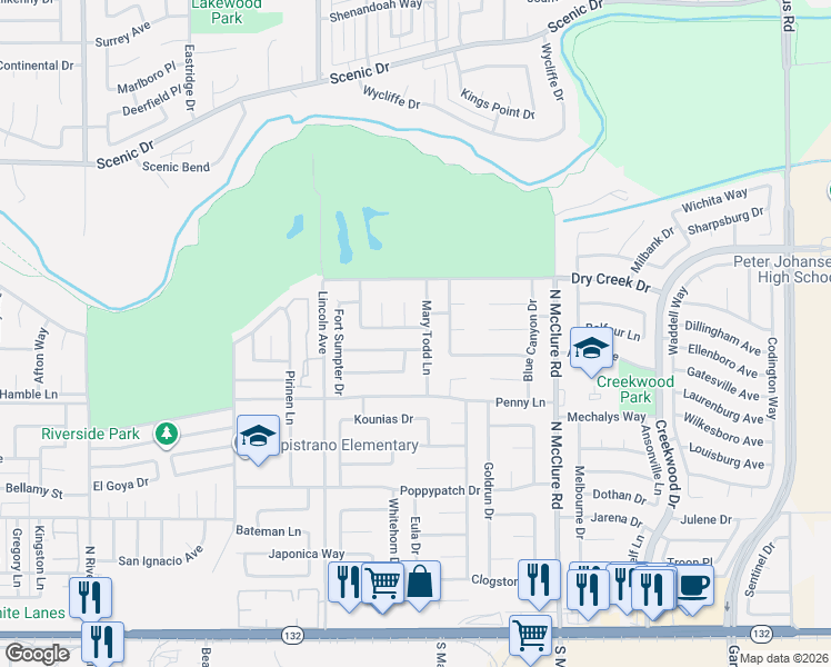 map of restaurants, bars, coffee shops, grocery stores, and more near 3116 New Salem Avenue in Modesto