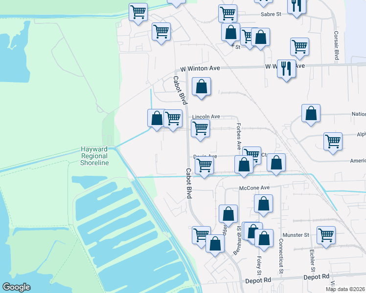map of restaurants, bars, coffee shops, grocery stores, and more near 21087 Cabot Boulevard in Hayward