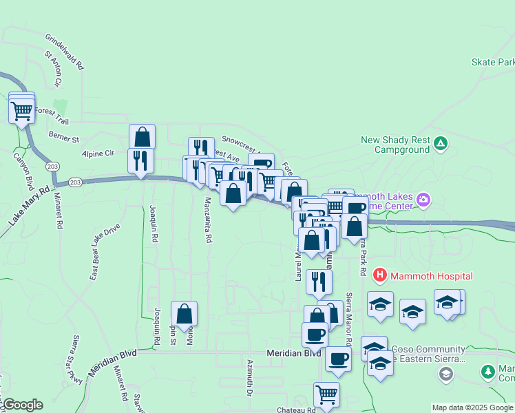 map of restaurants, bars, coffee shops, grocery stores, and more near 65 Center Street in Mammoth Lakes