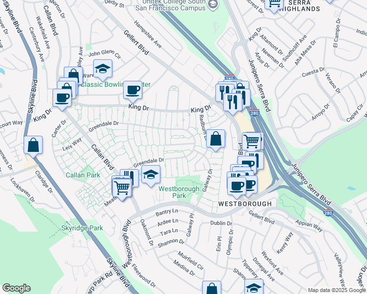 map of restaurants, bars, coffee shops, grocery stores, and more near 3739 Fairfax Way in South San Francisco