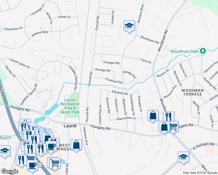 map of restaurants, bars, coffee shops, grocery stores, and more near 9720 Esmont Road in Richmond
