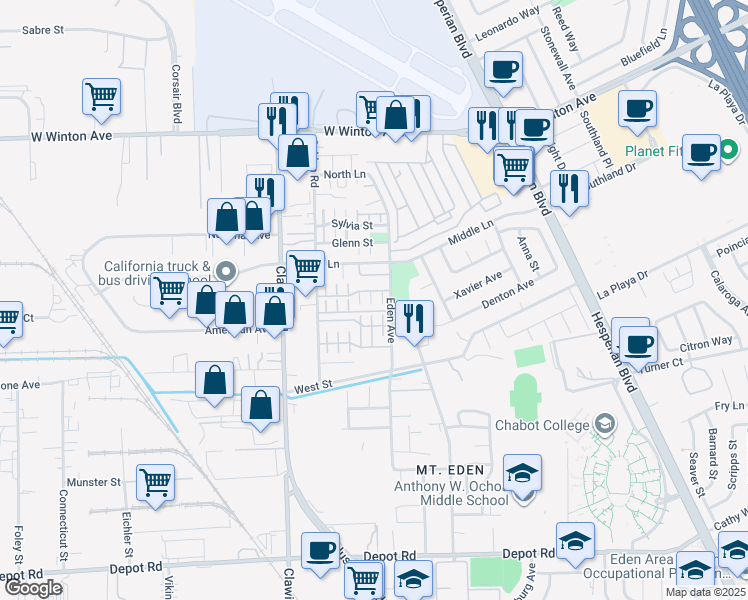 map of restaurants, bars, coffee shops, grocery stores, and more near 124 Montevina Way in Hayward