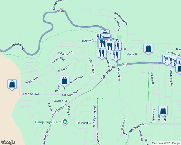 map of restaurants, bars, coffee shops, grocery stores, and more near in Mammoth Lakes