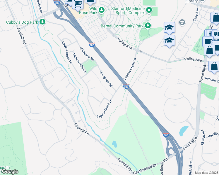 map of restaurants, bars, coffee shops, grocery stores, and more near 1019 Deer Creek Court in Pleasanton