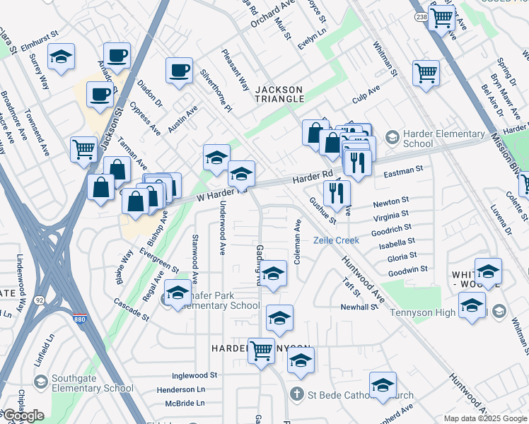 map of restaurants, bars, coffee shops, grocery stores, and more near 25906 Gading Road in Hayward