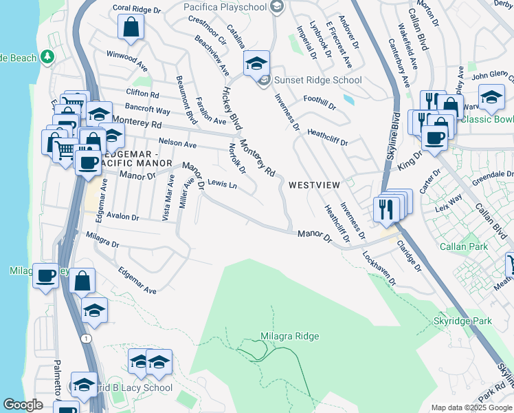 map of restaurants, bars, coffee shops, grocery stores, and more near 530 Lewis Lane in Pacifica