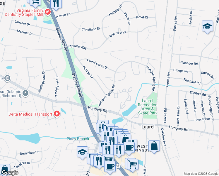 map of restaurants, bars, coffee shops, grocery stores, and more near 9707 Candace Terrace in Glen Allen