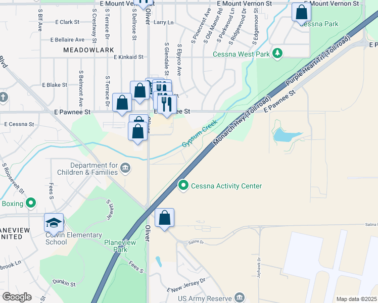 map of restaurants, bars, coffee shops, grocery stores, and more near 2550 Oliver in Wichita