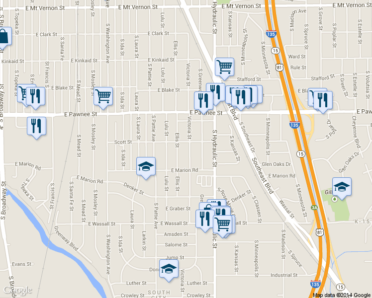 map of restaurants, bars, coffee shops, grocery stores, and more near 2528 Ellis South in Wichita