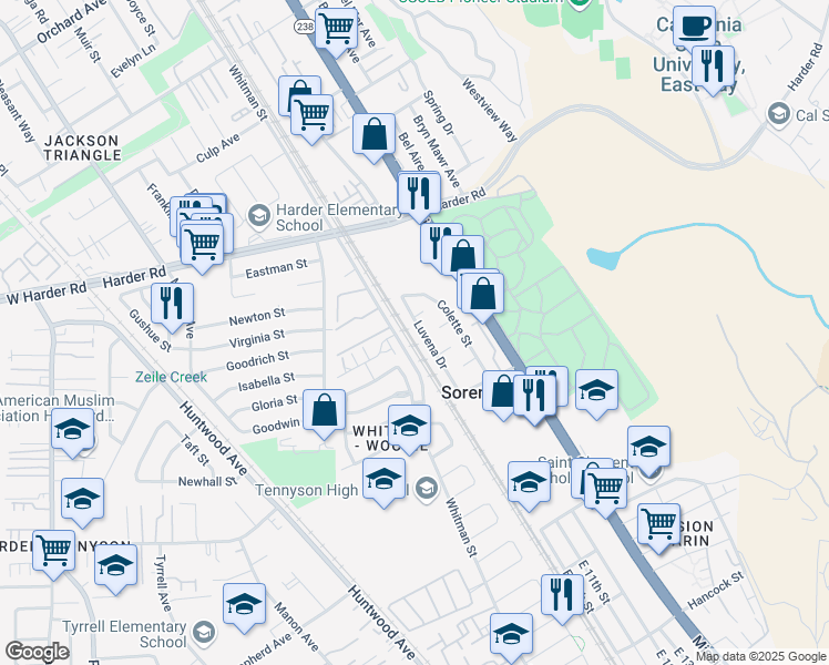 map of restaurants, bars, coffee shops, grocery stores, and more near 26617 Luvena Drive in Hayward