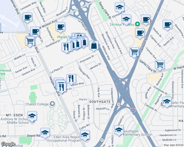 map of restaurants, bars, coffee shops, grocery stores, and more near 24853 Kay Avenue in Hayward