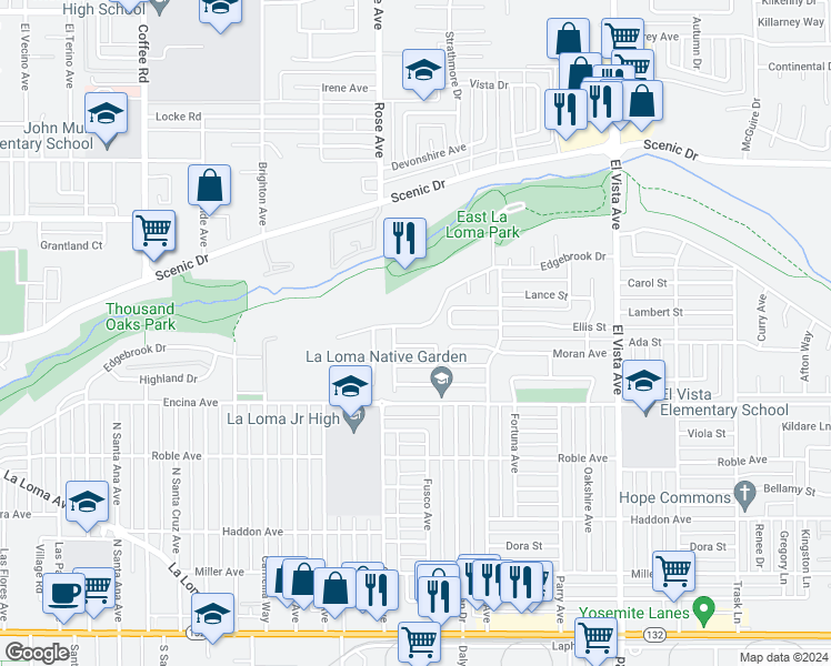 map of restaurants, bars, coffee shops, grocery stores, and more near 1816 Edgebrook Drive in Modesto