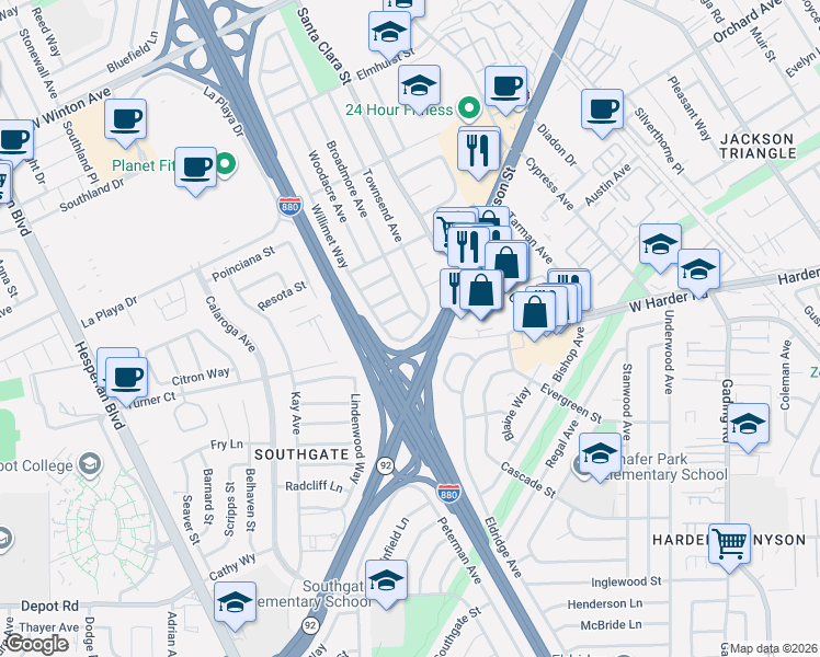 map of restaurants, bars, coffee shops, grocery stores, and more near 25001 Willimet Way in Hayward