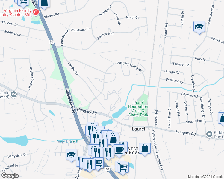 map of restaurants, bars, coffee shops, grocery stores, and more near 9389 Horse Castle Court in Glen Allen