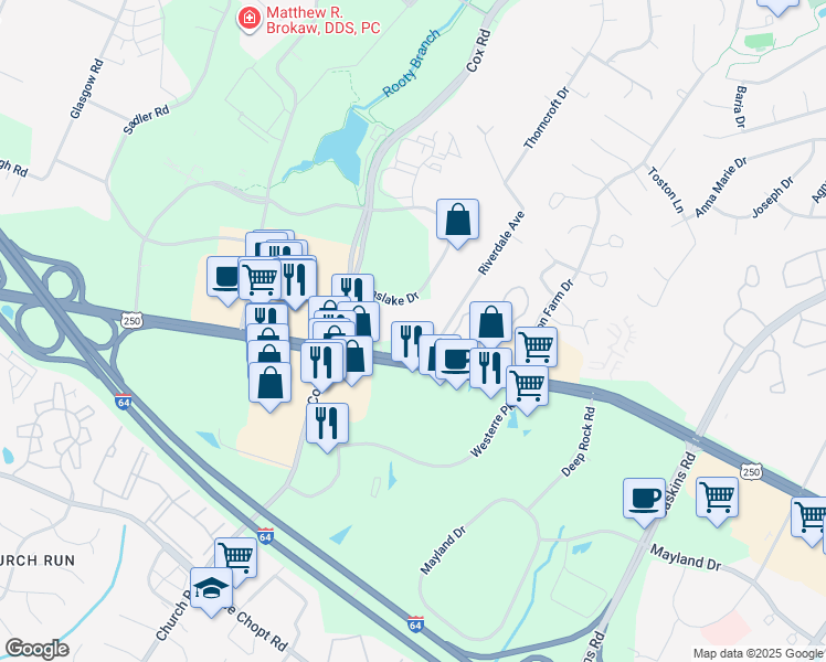 map of restaurants, bars, coffee shops, grocery stores, and more near 4050 Innslake Drive in Glen Allen