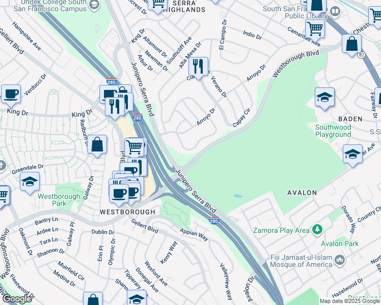 map of restaurants, bars, coffee shops, grocery stores, and more near 32 Escanyo Drive in South San Francisco