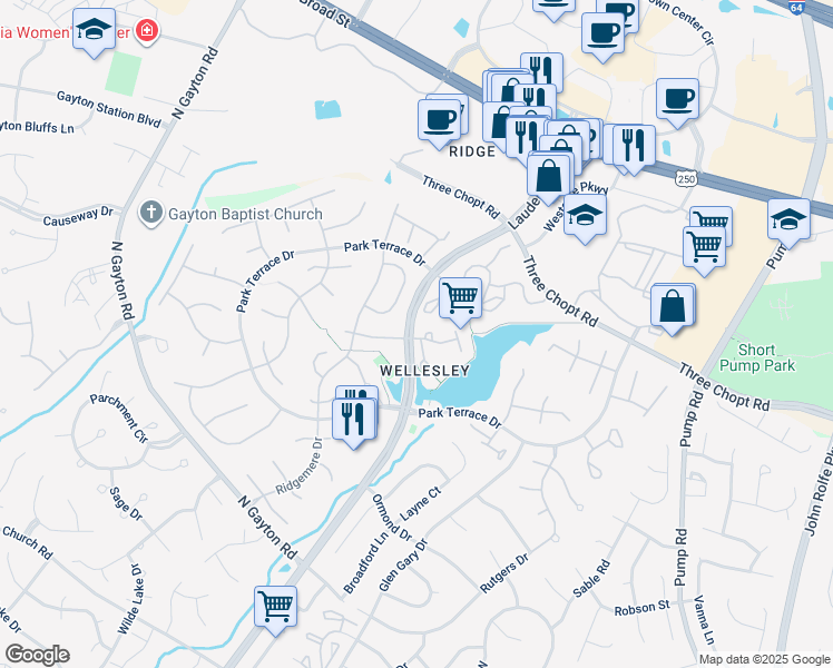 map of restaurants, bars, coffee shops, grocery stores, and more near 3800 Wellesley Terrace Circle in Henrico