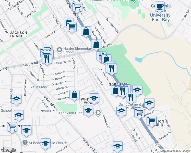 map of restaurants, bars, coffee shops, grocery stores, and more near 26617 Luvena Drive in Hayward