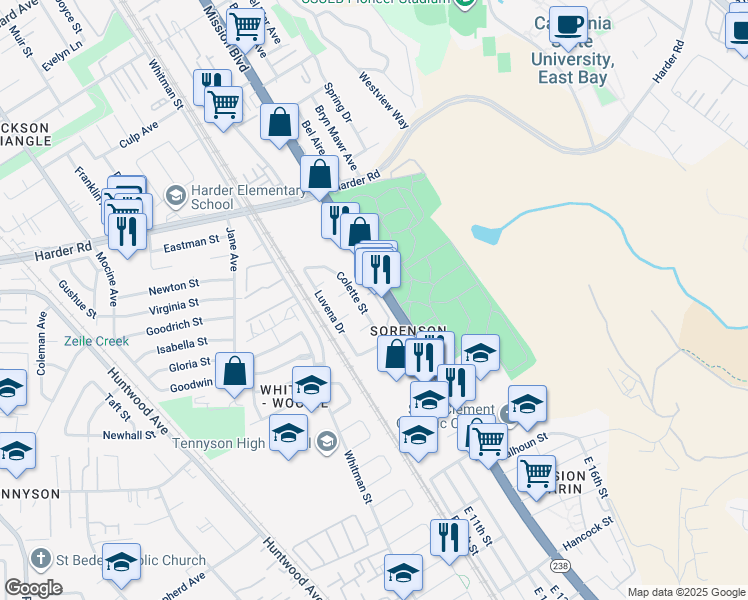 map of restaurants, bars, coffee shops, grocery stores, and more near 26583 Greta Lane in Hayward