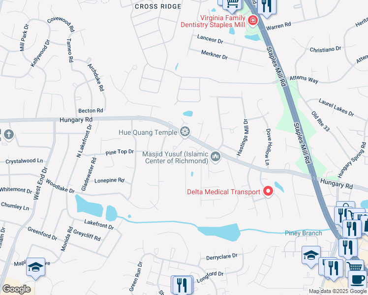 map of restaurants, bars, coffee shops, grocery stores, and more near 9612 Honey Terrace in Glen Allen