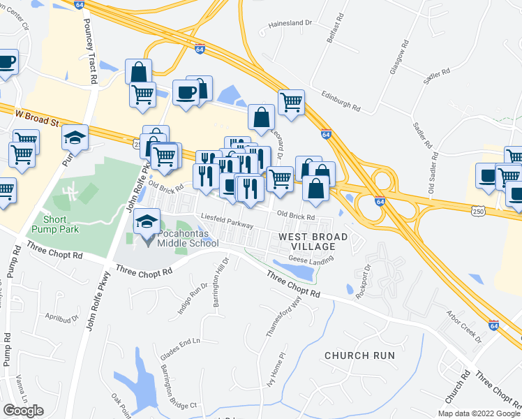 map of restaurants, bars, coffee shops, grocery stores, and more near 2220 Old Brick Road in Glen Allen