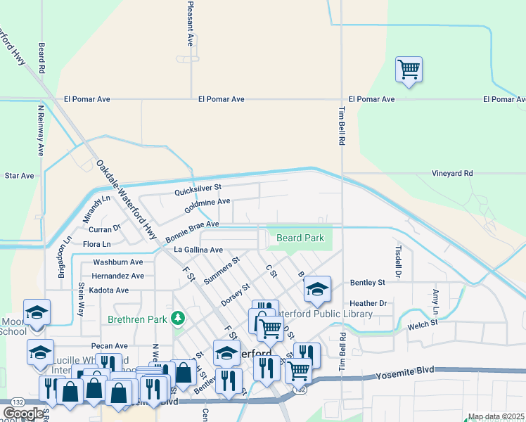 map of restaurants, bars, coffee shops, grocery stores, and more near 12707 Bonnie Brae Avenue in Waterford