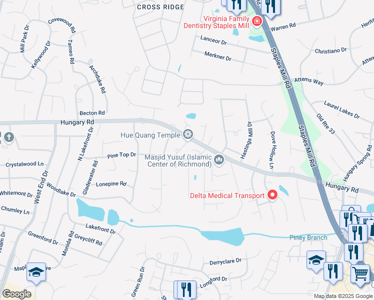 map of restaurants, bars, coffee shops, grocery stores, and more near 9612 Honey Terrace in Glen Allen