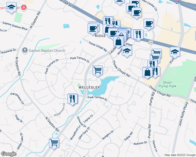 map of restaurants, bars, coffee shops, grocery stores, and more near 11221 Wellesley Terrace Court in Richmond