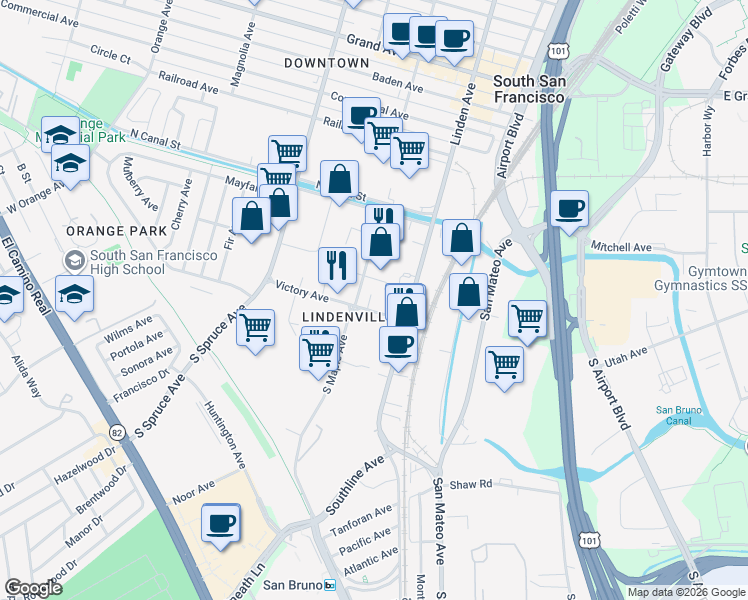map of restaurants, bars, coffee shops, grocery stores, and more near in South San Francisco