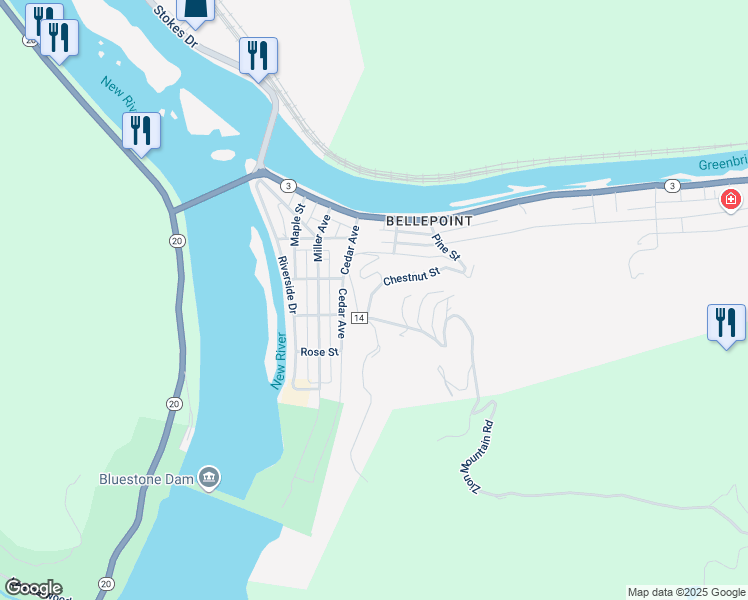map of restaurants, bars, coffee shops, grocery stores, and more near 408 Chestnut Street in Hinton