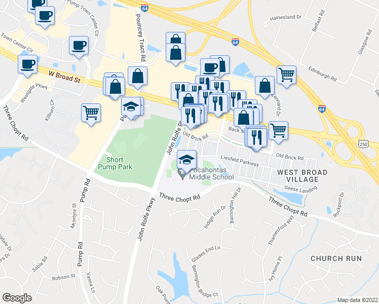 map of restaurants, bars, coffee shops, grocery stores, and more near 3900 Liesfeld Place in Glen Allen