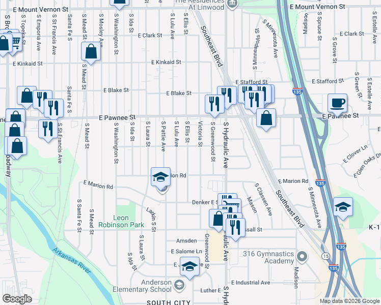map of restaurants, bars, coffee shops, grocery stores, and more near 2528 Ellis South in Wichita