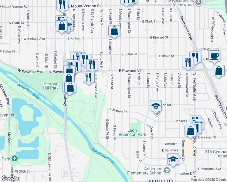 map of restaurants, bars, coffee shops, grocery stores, and more near 2521 South Mead Street in Wichita