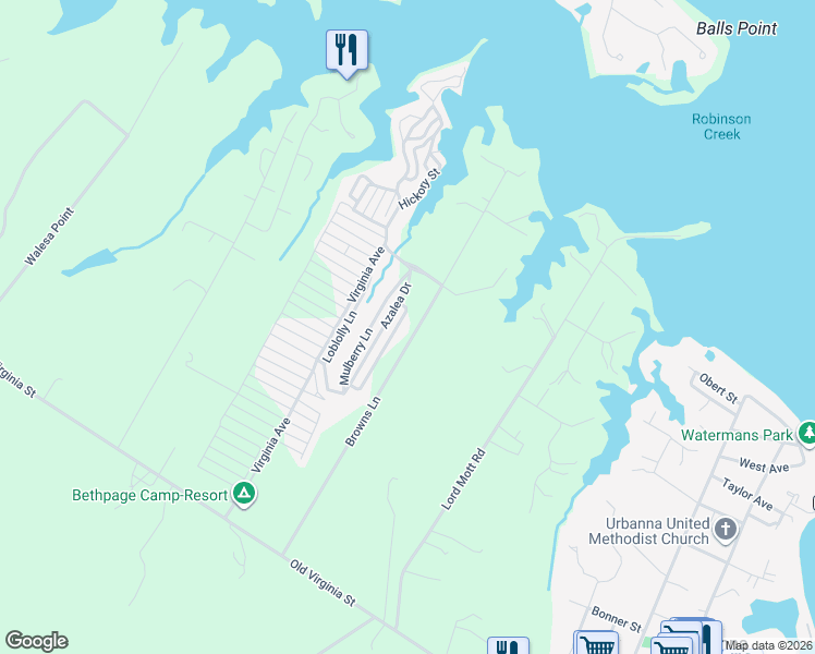 map of restaurants, bars, coffee shops, grocery stores, and more near Browns Lane in Urbanna