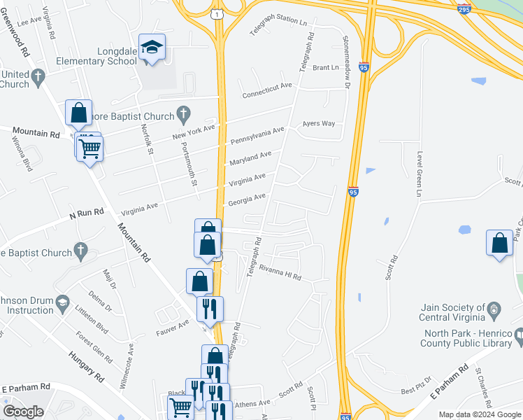 map of restaurants, bars, coffee shops, grocery stores, and more near 9010 Telegraph Road in Glen Allen