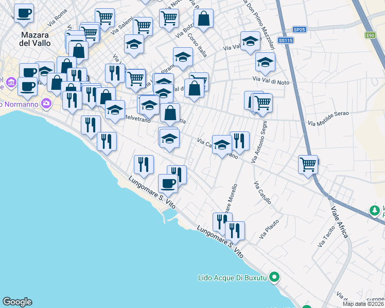 map of restaurants, bars, coffee shops, grocery stores, and more near 12 Piazzale Europa in Mazara del Vallo