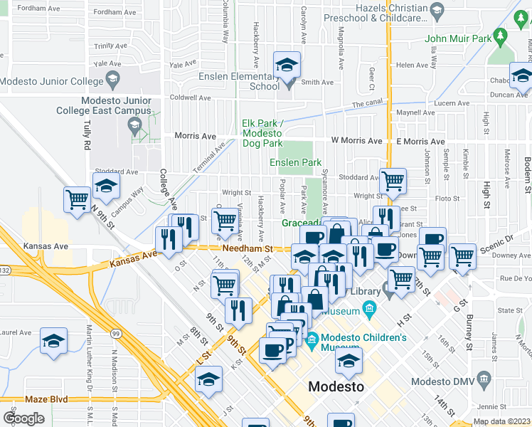 map of restaurants, bars, coffee shops, grocery stores, and more near 206 Hackberry Avenue in Modesto