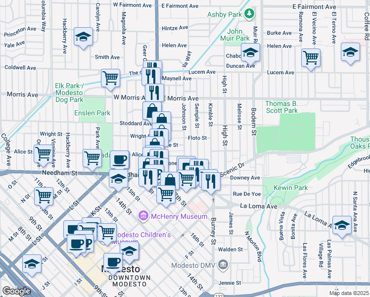 map of restaurants, bars, coffee shops, grocery stores, and more near 215 Johnson Street in Modesto