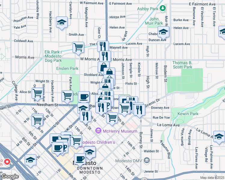 map of restaurants, bars, coffee shops, grocery stores, and more near 115 Grant Street in Modesto