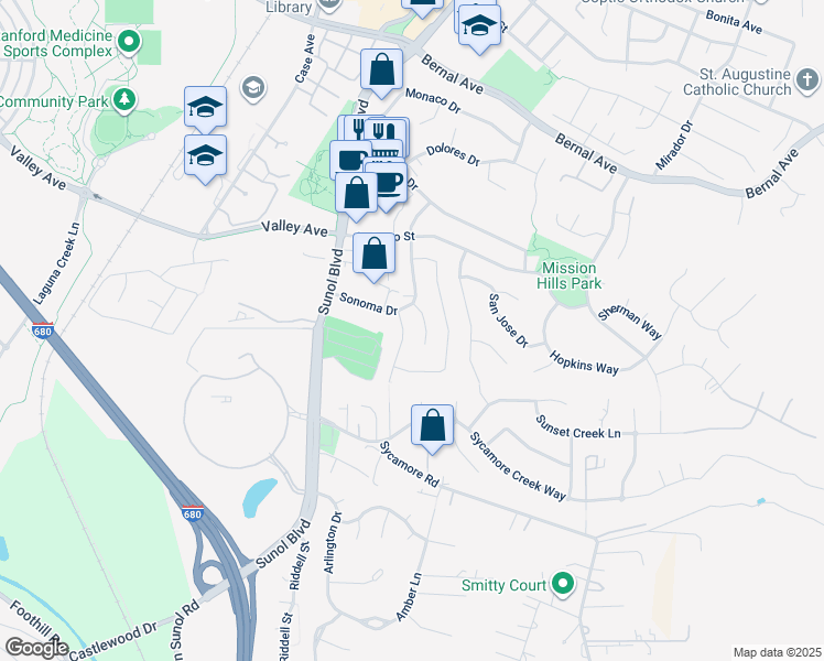map of restaurants, bars, coffee shops, grocery stores, and more near 5744 San Carlos Way in Pleasanton