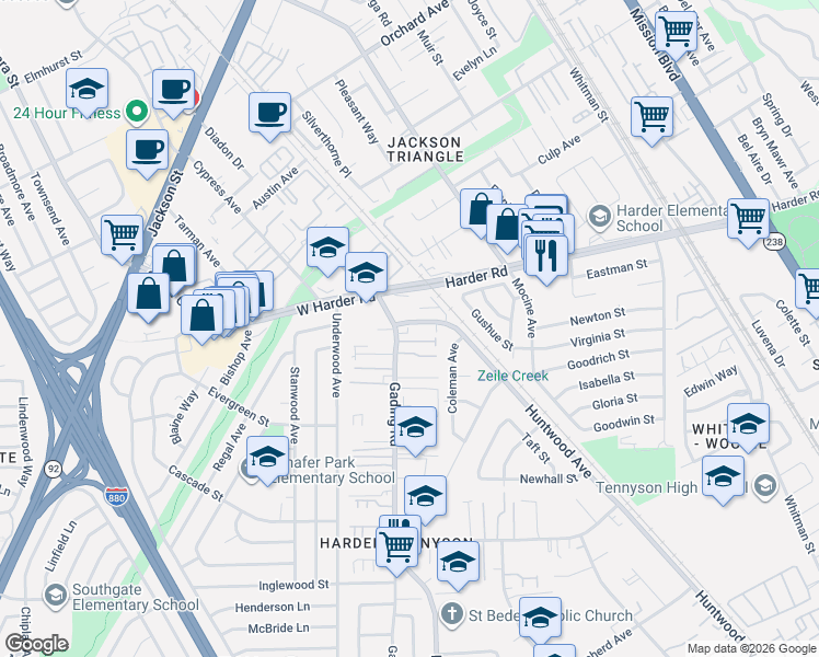 map of restaurants, bars, coffee shops, grocery stores, and more near 25906 Gading Road in Hayward