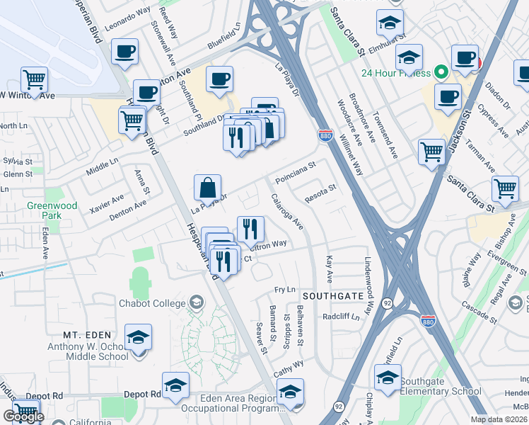 map of restaurants, bars, coffee shops, grocery stores, and more near 24790 Papaya Street in Hayward
