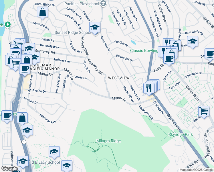 map of restaurants, bars, coffee shops, grocery stores, and more near 549 Monterey Road in Pacifica